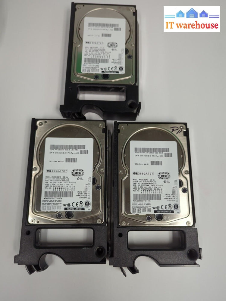 3Fujitsu Dell Maj3182Mc 085Juh 18Gb 10000Rpm 4Mb U160 Scsi Hard Drives W/Caddy-