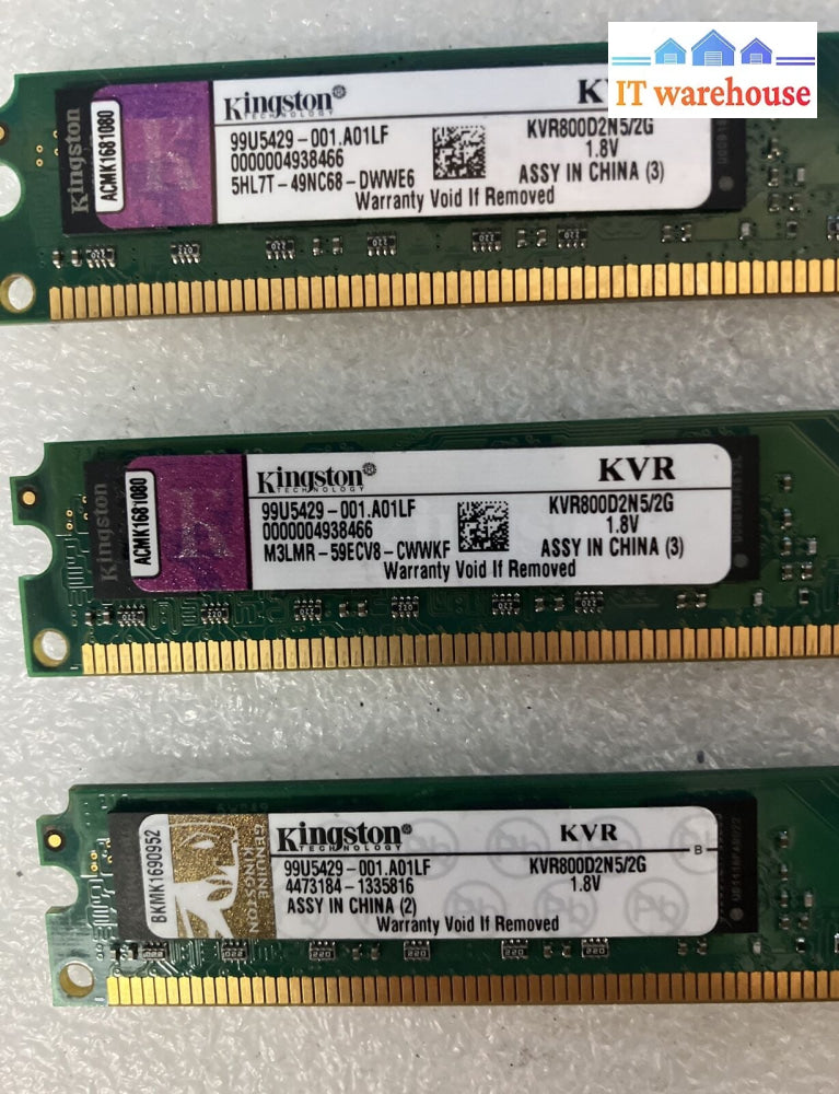 (3X 2Gb) Kingston Kvr800D2N5/2G Pc2-6400 Ddr2-800 1.8V Low Profile Ram 99U5429 ~