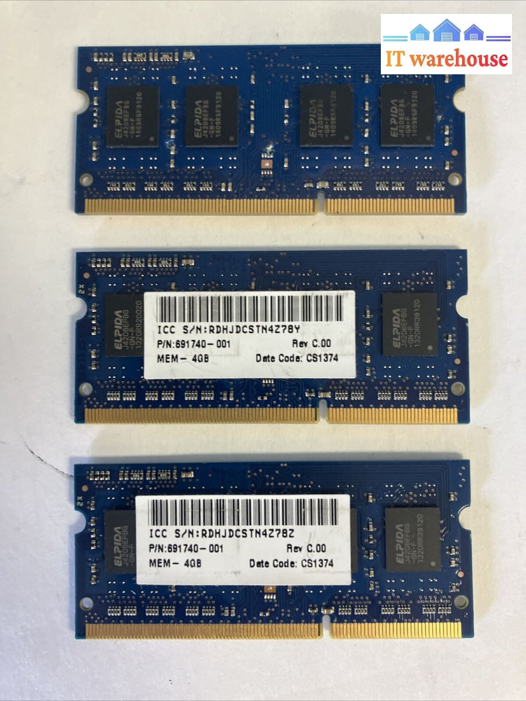 (3X 4Gb) Elpida Ebj40Ug8Efu0-Gn-F Pc3L-12800S Ddr3-1600 Laptop So-Dimm Memory ~