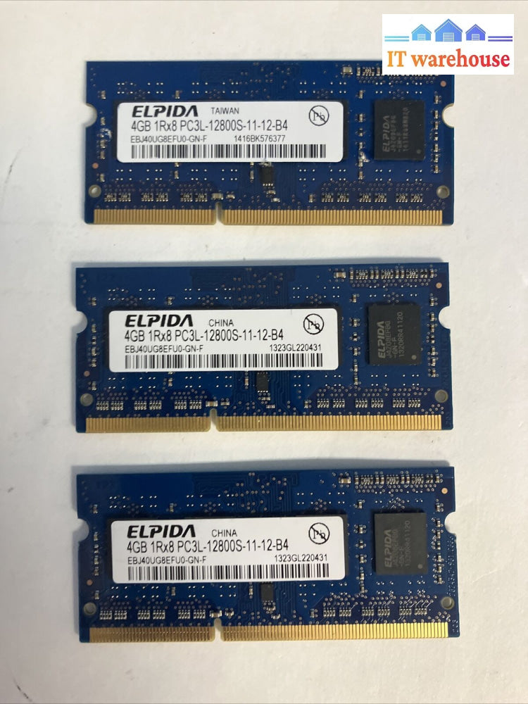 (3X 4Gb) Elpida Ebj40Ug8Efu0-Gn-F Pc3L-12800S Ddr3-1600 Laptop So-Dimm Memory ~