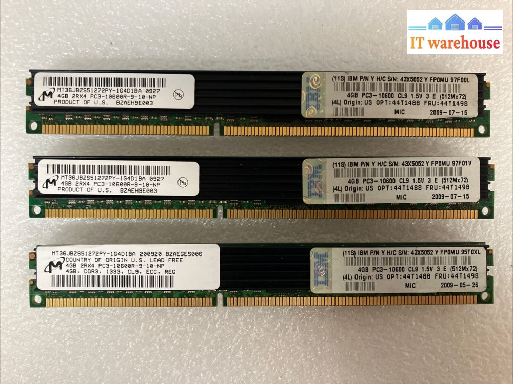 (3X 4Gb) Micron Ecc Reg Server Ram Pc3-10600R Mt36Jbzs51272Py-1G4D1Ba 43X5052 ~