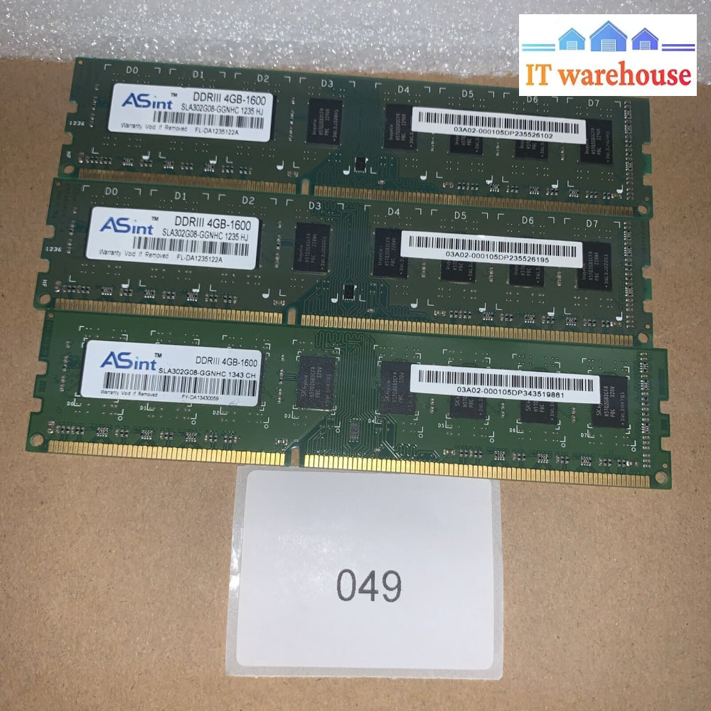 3X Asint 4Gb Ddr3 2Rx8 Pc3-12800 Sla302G08-Ggnhc Desktop Ram Memory