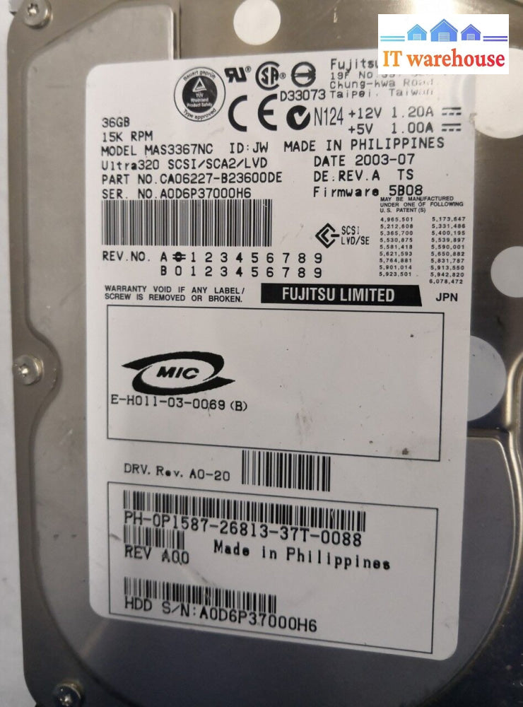 - 3X Dell Fujitsu 36Gb 15K Scsi Server Hard Drive P1587 Mas3367Nc