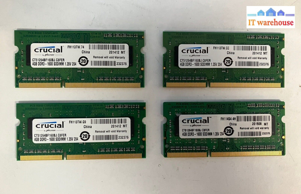 (4X 4Gb) Crucial Ct51264Bf160Bj.c8Fer Pc3L-12800 Ddr3-1600 So-Dimm Laptop Ram ~