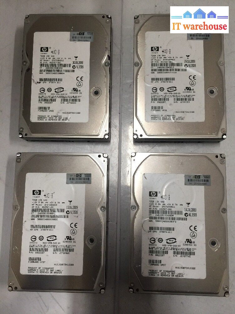 - 4X Hp 72Gb 15K Sas 3.5’ 462587-001 375874-011 0B22207 Hus153073Vls300 @@@