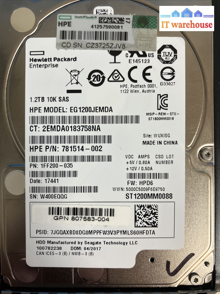 4X Hp Enterprise 1.2Tb Hdd 10K Sas 2.5’’ Eg1200Jemda Server Hard Drive 781514 ~