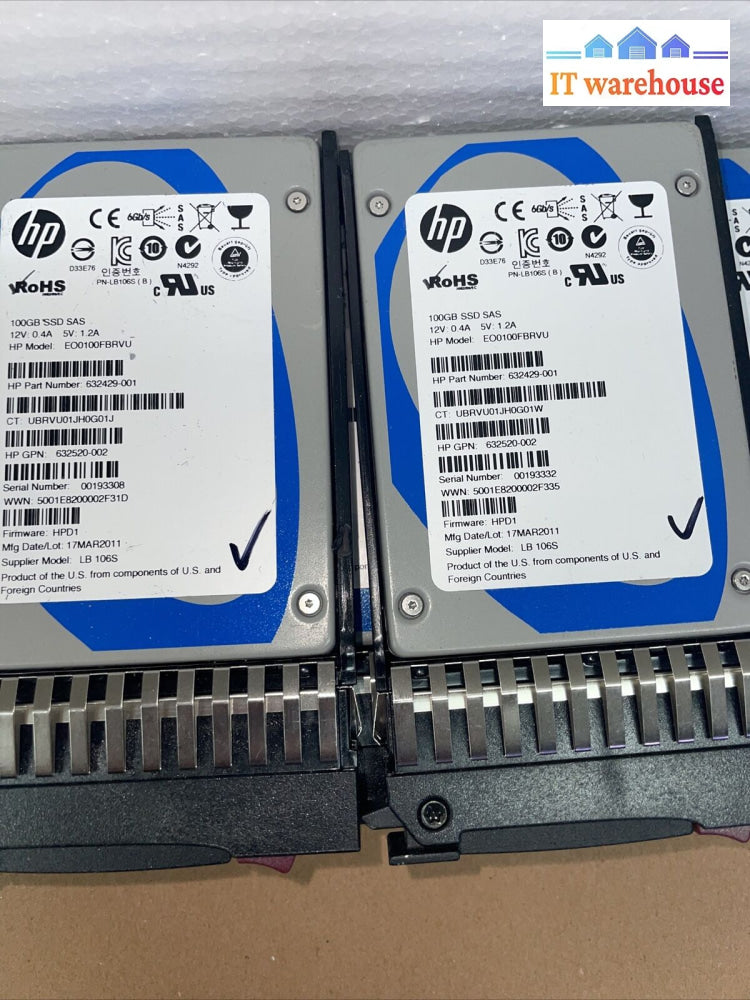 5 X Hp 100Gb Sas 6G 2.5’’ Ssd 632429-001 + Tray 500223-001 (1000 Days Remaining)