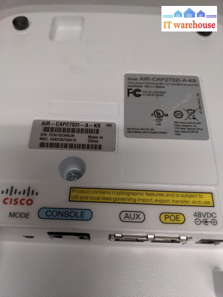 - 5X Cisco Air-Cap2702I-A-K9 Aironet 2700 Wireless Access Point W/Bracket