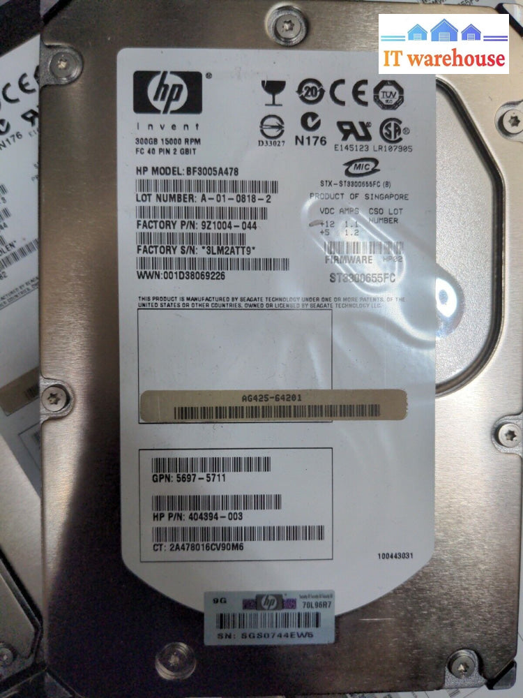 - 5X Hp 300Gb 1.5K 40-Pin Hard Drives Bf3005A478 9Z1004-044 404394 St3300655Fc