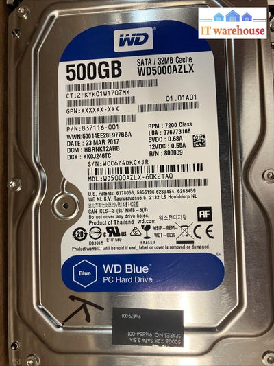 (5X) Wd Blue Wd5000Azlx 837116-001 Sata 500Gb 3.5’ Hd (1000 Days Remaining)~