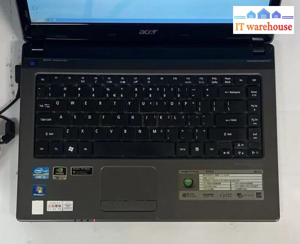 Acer Aspire 4750G 14’ Laptop Intel I3-2310M Cpu 4Gb Ram 160Gb Hdd (Bad Batt) ~