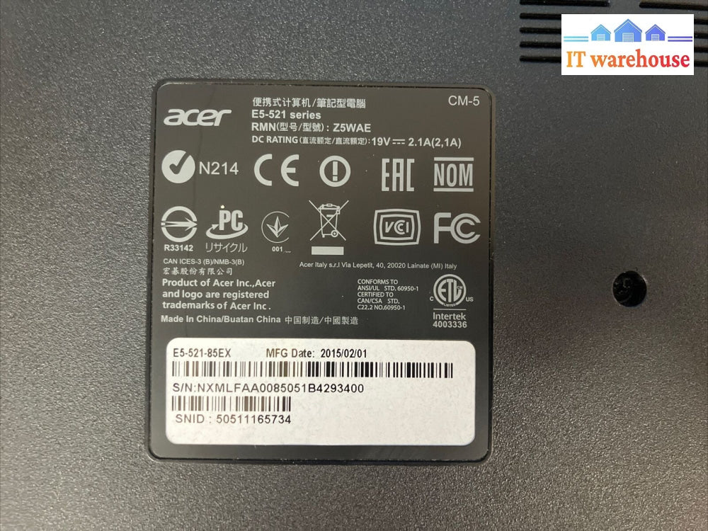 Acer Aspire E5-521 15.6’ Laptop Amd A8 Cpu / 8Gb Ram 1Tb Hdd Windows10 ~