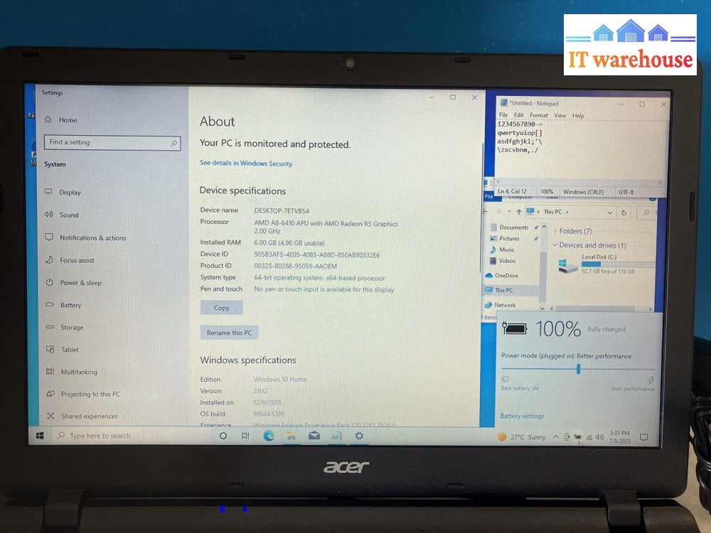 ~ Acer Aspire Es1 N15C4 Laptop Amd A8-6410 Apu 2.0Ghz 6Gb Ram 120Gb Ssd Win10