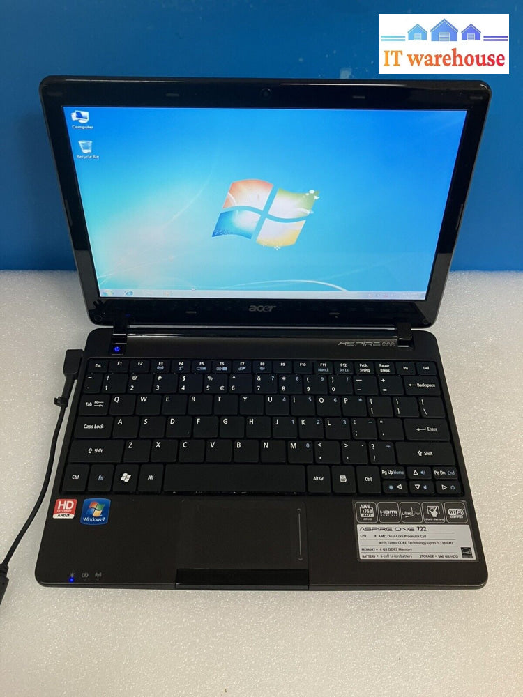 ~Acer Aspire One 722 P1Ve6 11.6’ Laptop Amd C60 1.0Ghz Cpu 4Gb Ram 320Gb Hd Win7