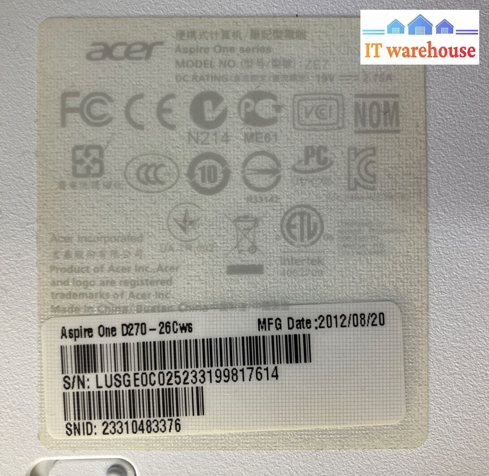 ~ Acer Aspire One D270 10’ Laptop Atom N2600 Cpu 2Gb Ram 500Gb Hdd Win Xp (Read)