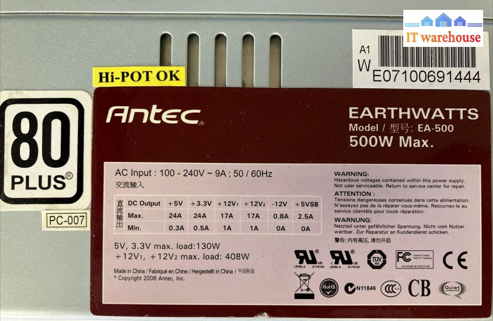 Antec Earthwatts Ea-500 500W Atx 80 Plus Desktop Power Supply Psu *Tested* ~