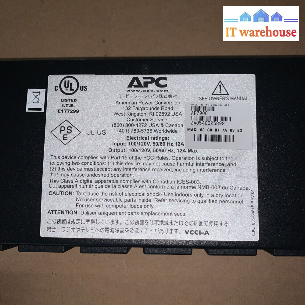 Apc Ap7900 1U 15A Metered Rack Pdu Power Distribution Unit 8 Outlets