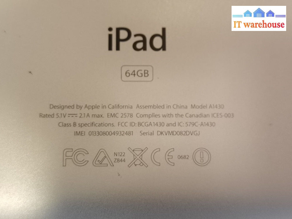 $ Apple Ipad 64Gb Tablet Silver A1430 (Power On Tested)