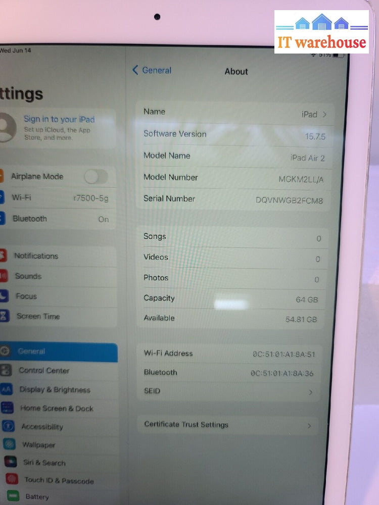 - Apple Ipad Air 2 9.7’ 64Gb Wifi A1566 Tablet Ios 15.7.5 (Bypass Read)