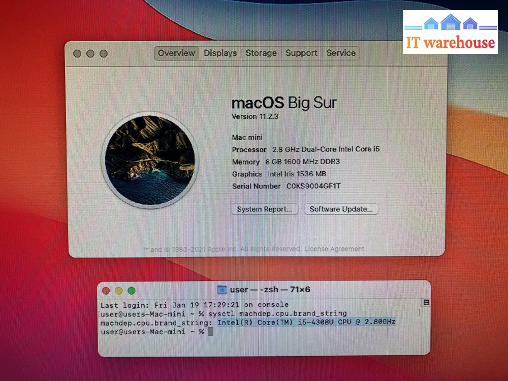 Apple Mac Mini 2014 A1347 Core I5-4308U 2.8Ghz Cpu /8Gb Ram / 1Tb Storage Bigsur