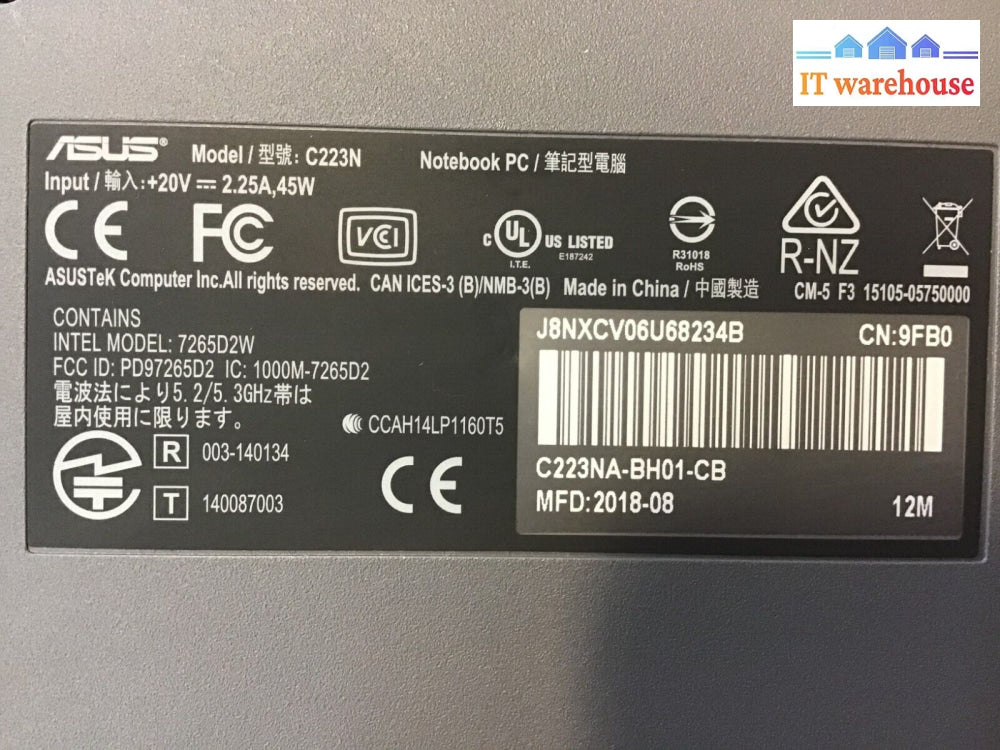 Asus C223Na-Bh01-Cb 11.6’Chromebook Celeron N3350 4Gb Ddr4 32Gb Emmc For Parts