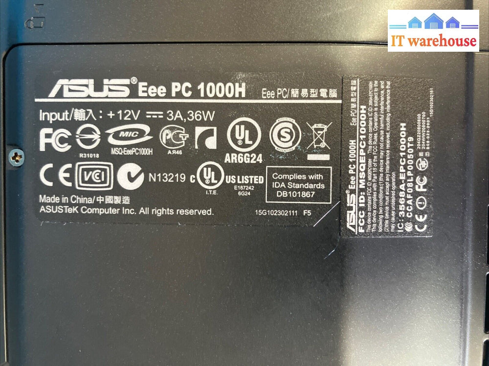 Asus Eee Pc 1000H 10’ Laptop Intel Atom Cpu / 2Gb Ram 160Gb Hdd (Bad Battery)~