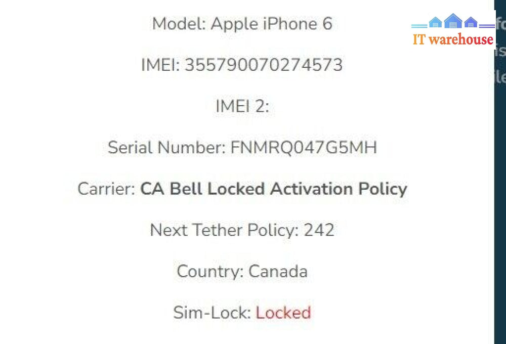 (Carrier: Bell Canada) Apple Iphone 6 64Gb