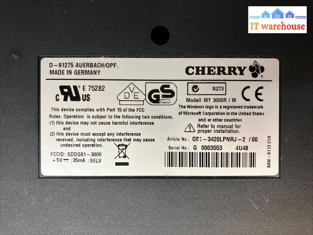 Cherry Electrical Model My 3000R D-91275 Keyboard With 9-Pin Rs232 Serial Port ~