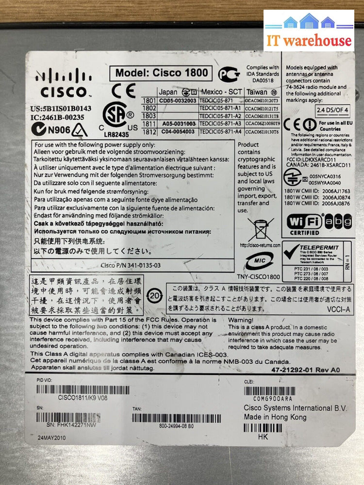 ~ Cisco 1800 Series Cisco1811 V08 Integrated Services Enterprise Router 47-21292