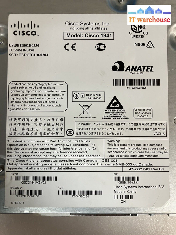 ~ Cisco 1900 Series 1941 Ehwic Integrated Service Router Cisco1941/K9 With Mount