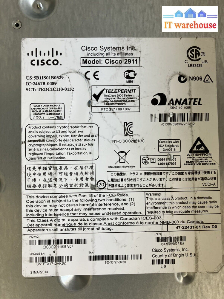 ~ Cisco 2911 K9 V07 Integrated Service Router