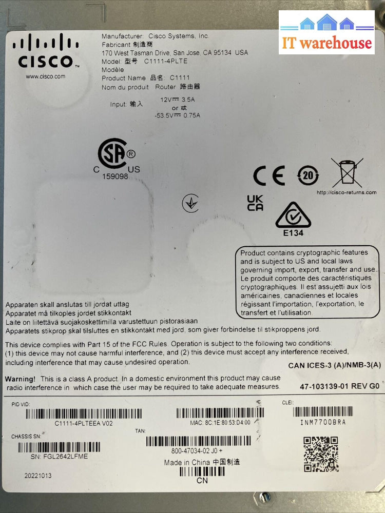 Cisco Isr 1100 Series C1111-4P Lte Services Integrated Router With Power Supply~