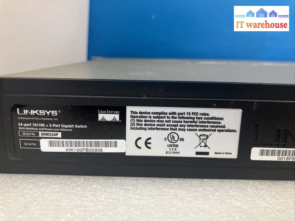 Cisco Linksys Srw224P 24-Port 10/100 Managed 2-Port Gigabit Poe Switch Webview ~