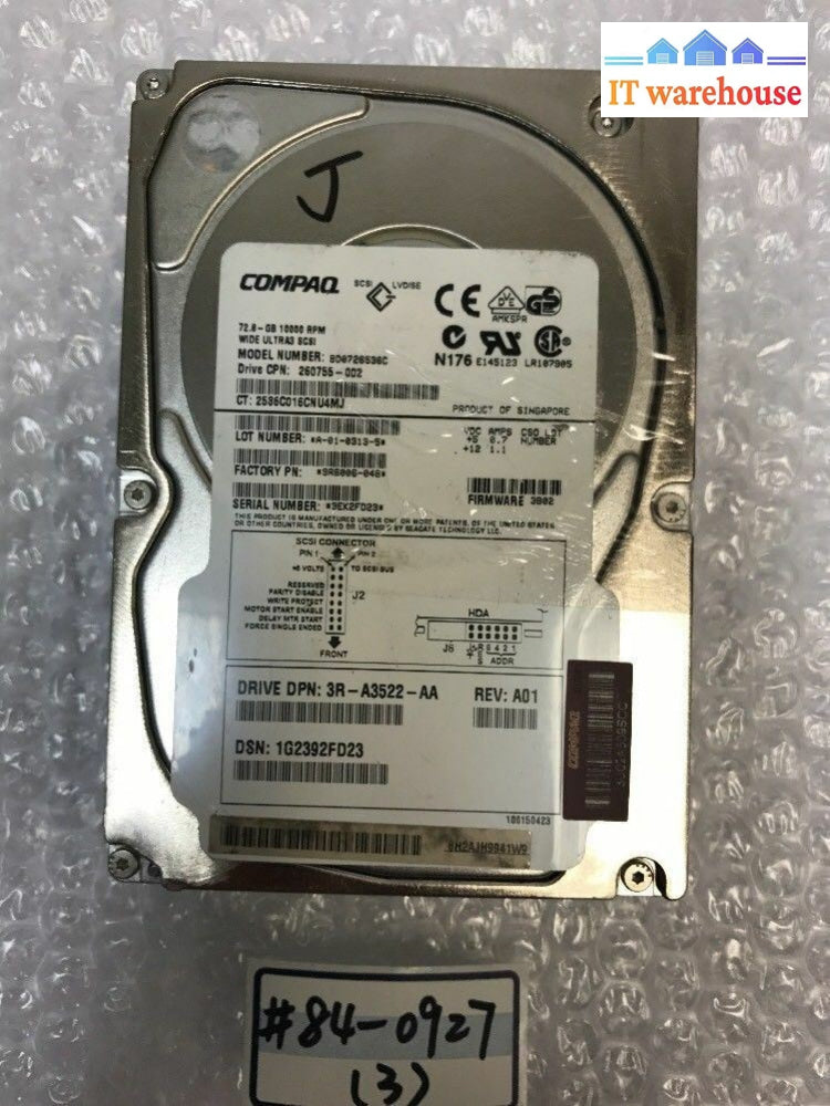 - Compaq 72.8Gb 10K U320 Scsi Hdd 3R-A3522-Aa 260755-002 9R6006-048