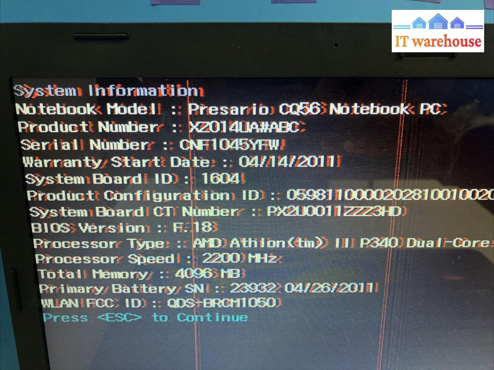 Compaq Presaroi Cq56 Notebook Amd Athlon Cpu / 4Gb Ram (For Parts Bad Screen) ~