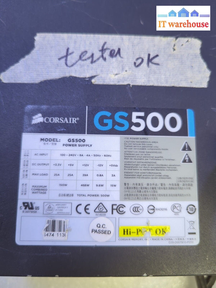 Corsair Gs500 500W Atx Power Supply (2X 6 + 2Pin Pci-E 4 + 4 Pin Cpu) Tested -