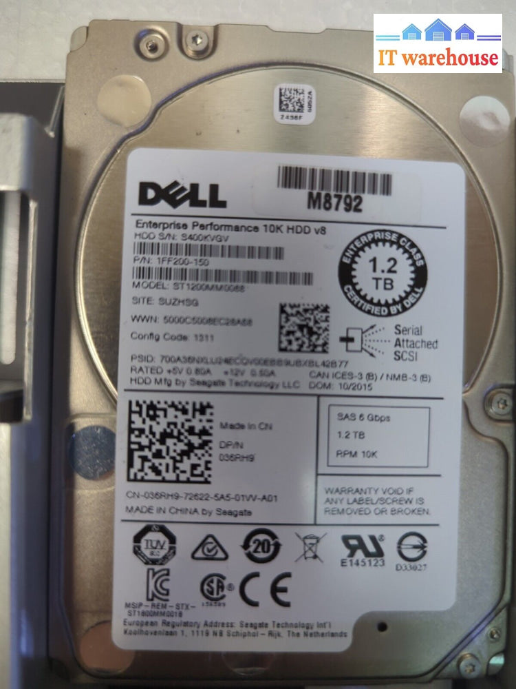 Dell 1.2Tb 10K 2.5’ Sas 6Gbps Internal Hard Drive 36Rh9 W/ Caddy 58Cwc Tested -