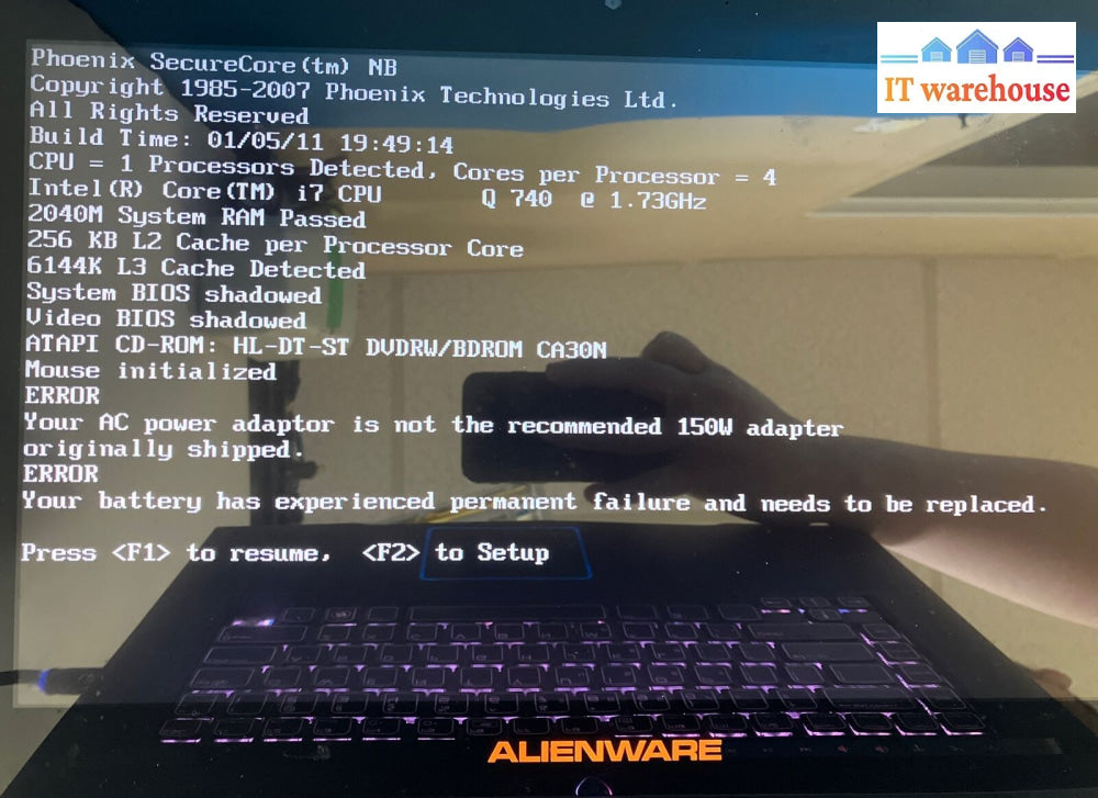 Dell Alienware M15X P08G 15’ Laptop Intel I7-Q740 Cpu / 2Gb Ram /No Hdd (Read) ~