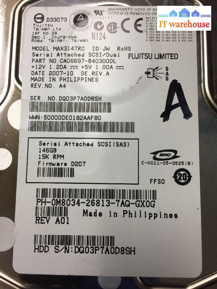 - Dell Fujitsu 146Gb 15K Sas Hard Drive M8034 0M8034 Max3147Rc 3.5’ @@@