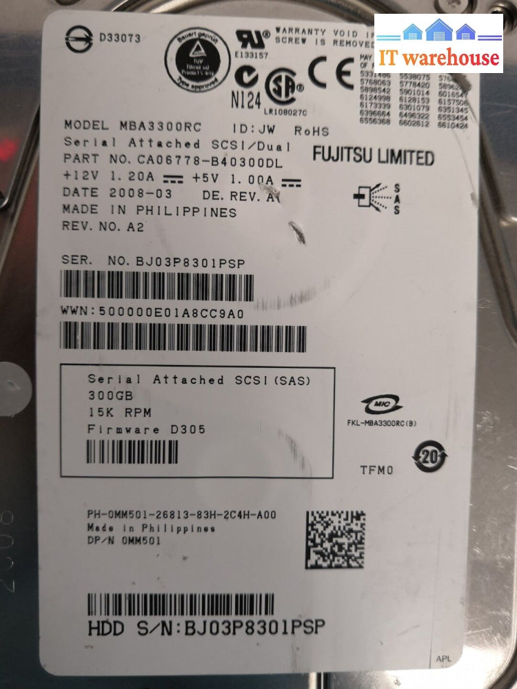 + Dell/Fujitsu 15K Mba3300Rc 300Gb Sas Hard Drive P/N:0Mm501 F/W:d305 @@@