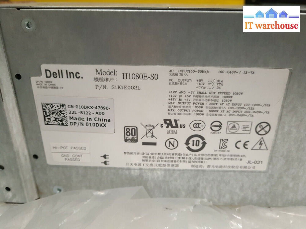 - Dell H1080E-S0 10Dkx 1080W Power Supply For Equallogic Ps6100 Tested