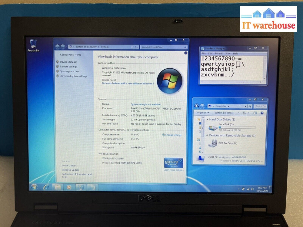 ~ Dell Latitude E5400 14’ Laptop C2D P8400 2.26Ghz Cpu 4Gb Ram 250Gb Hdd Win7Pro