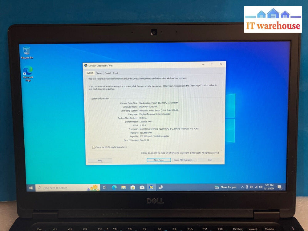 Dell Latitude E5490 14’ Laptop I5-7300U Cpu / 8Gb Ram 256Gb Ssd Win 10 Pro ~