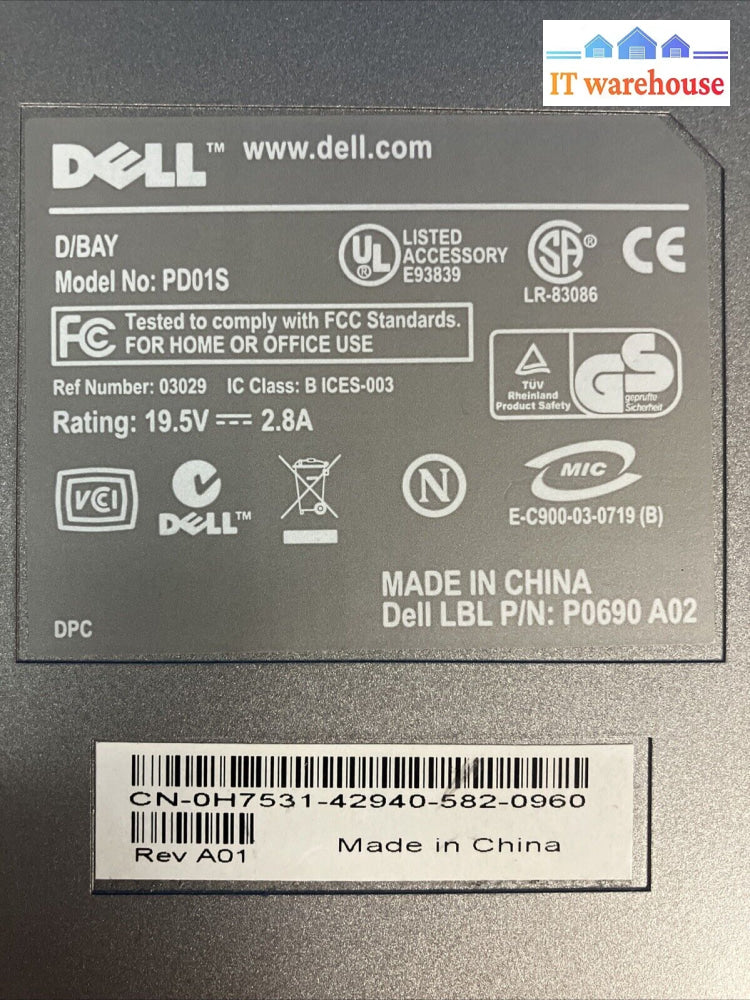 Dell Model Pd01S External D/Bay W/Cd-Rw/Dvd-Rom Drive 0H7531 P/N: P0690 A02 ~