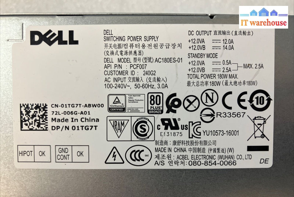 Dell Optiplex 180W Desktop Power Supply Psu P/N 01Tg7T Model Ac180Es-01 Pcf007 ~