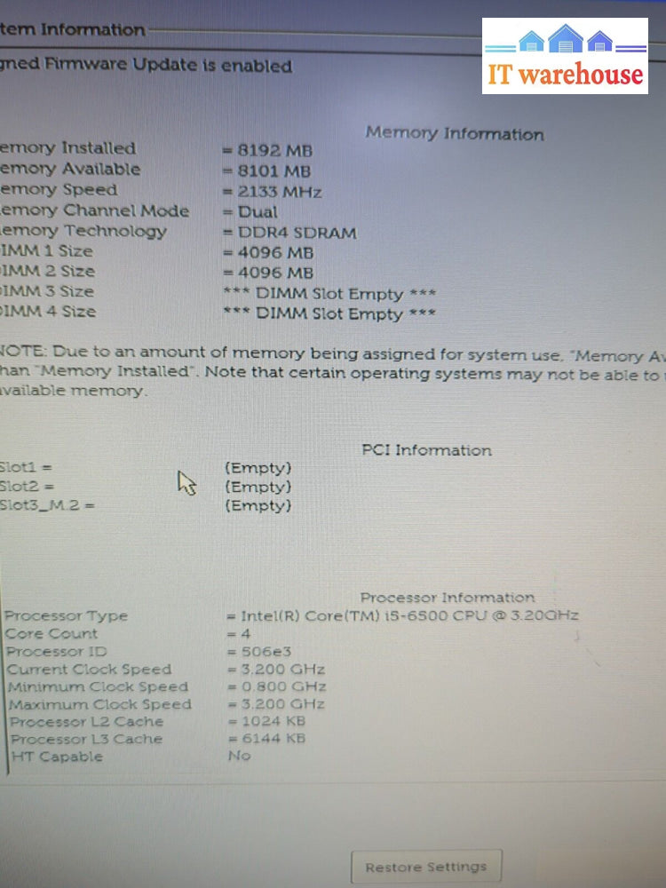 Dell Optiplex 7040 Sff Desktop I5-6500 3.2Ghz /8Gb Ddr4 Ram /No Hdd Tested -