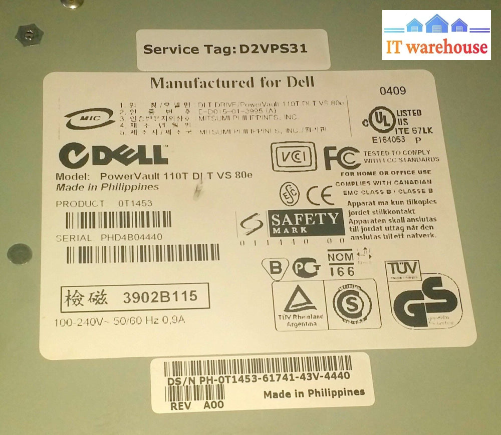 Dell T1453 Dlt Vs80 Powervault 110T Lvd/Scsi External Tape Drive (D2Vps31)