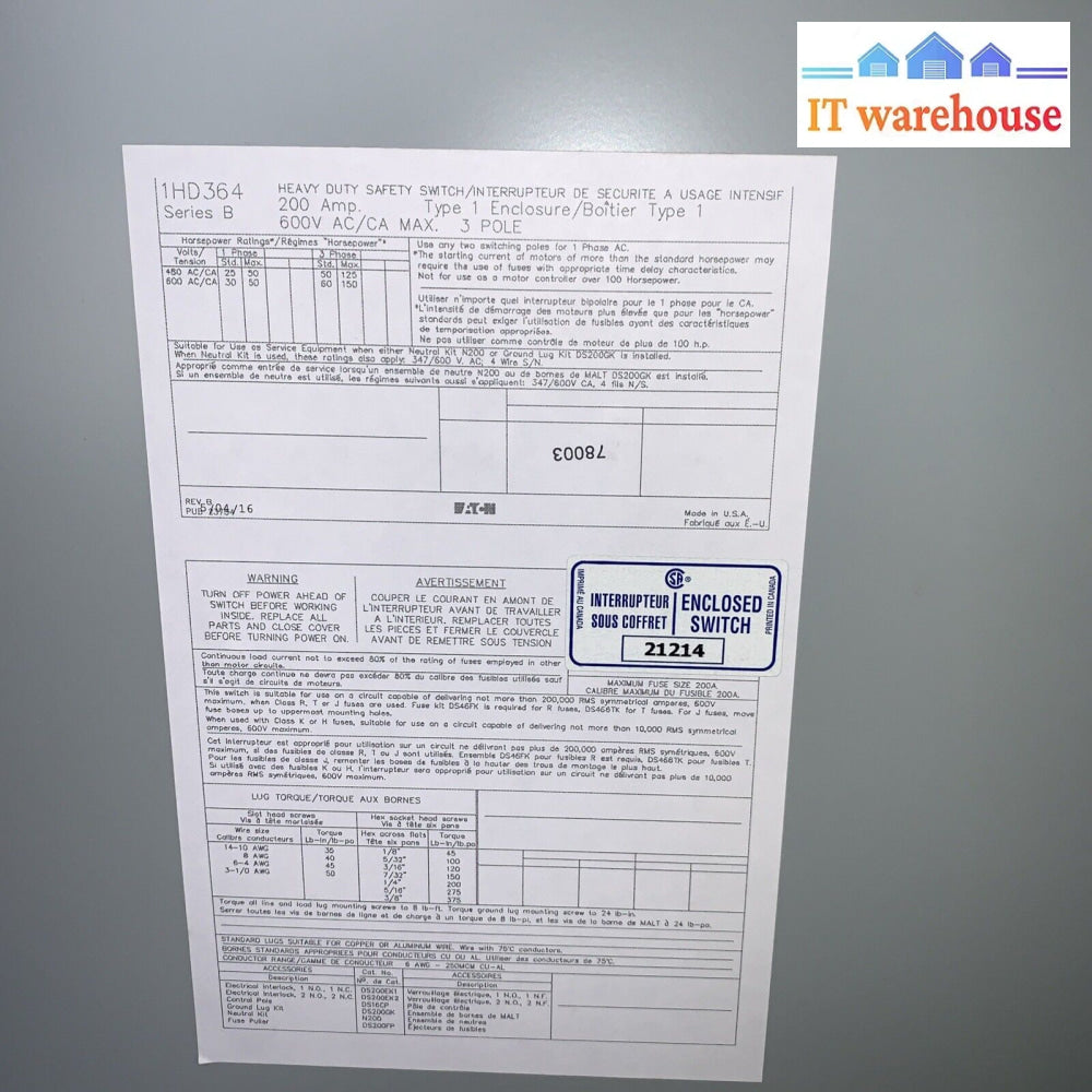 Eaton Corporation 1Hd364 200A 3 Pole Heavy Duty Safety Switch Box