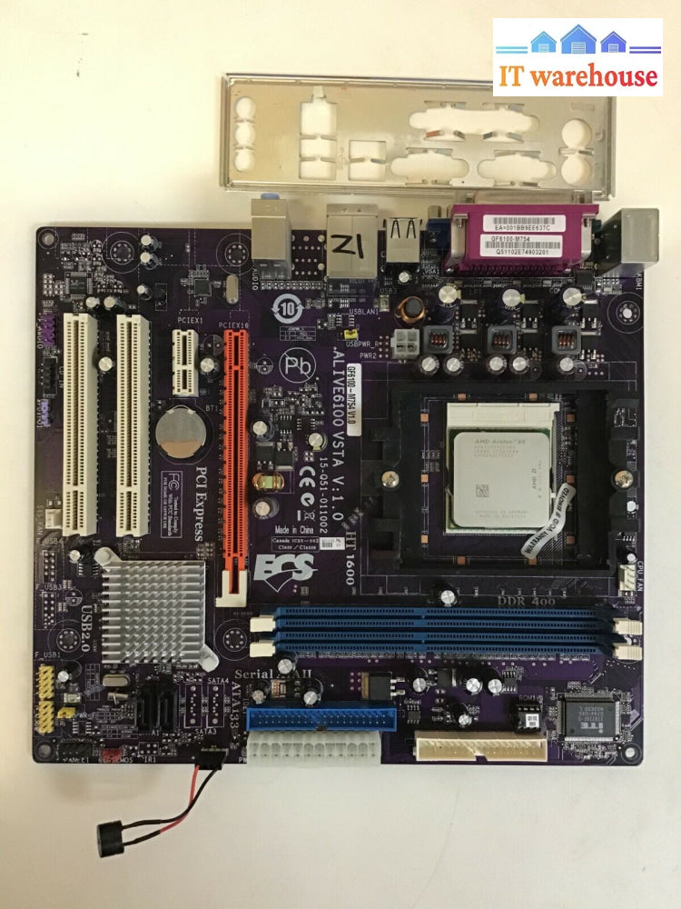 Ecs Gf6100-M754 V1.0 Micro Atx Motherboard W/Amd Athlon 3200 + & I/O Plate Tested