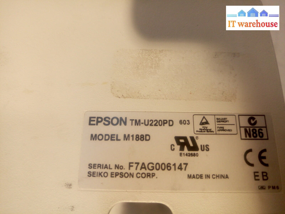 * Epson Tm-U220Pd / M188D (Ethernet) Thermal Receipt Printer W/ Ac Adapter